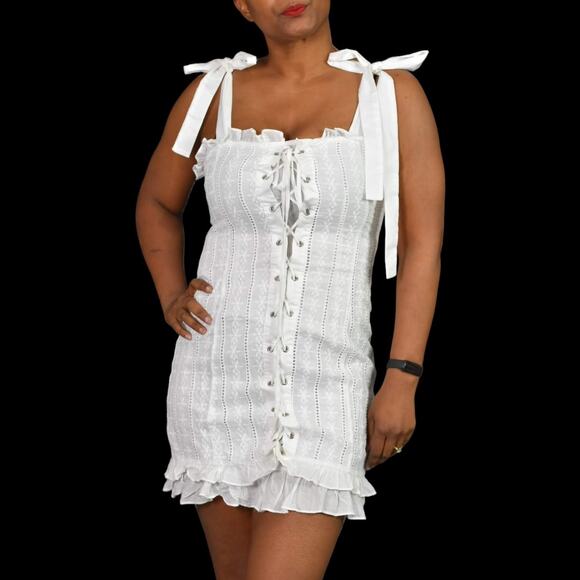 White Corset Dress Lace Up Bodice Mini Ruffle Cotton Embroidery Lace Size Medium - Picture 10 of 14